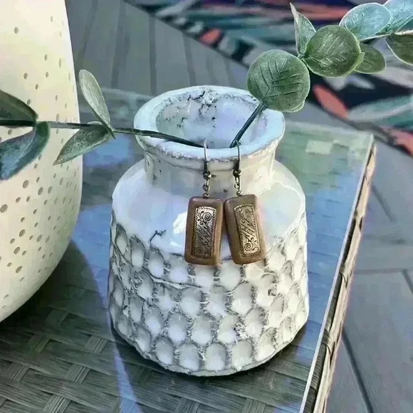 Rustic Silver and Brown Rectangle Earrings - Picture 2 of 6